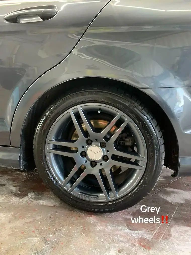 The same Mercedes wheel refinished in grey