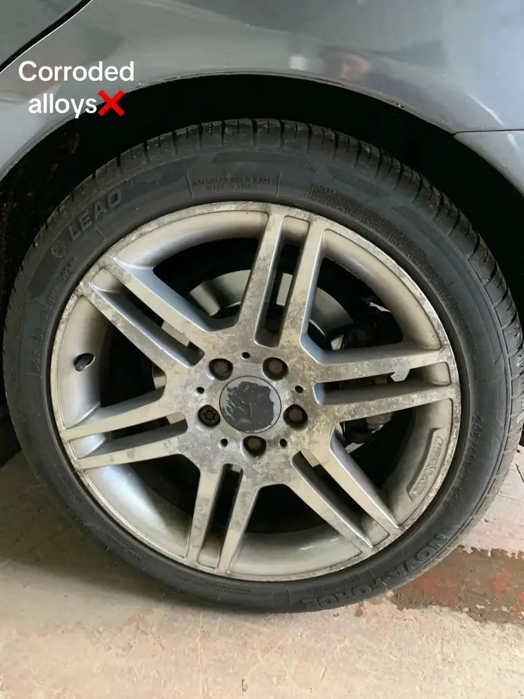 Badly corroded Mercedes alloy wheel before refurbishment